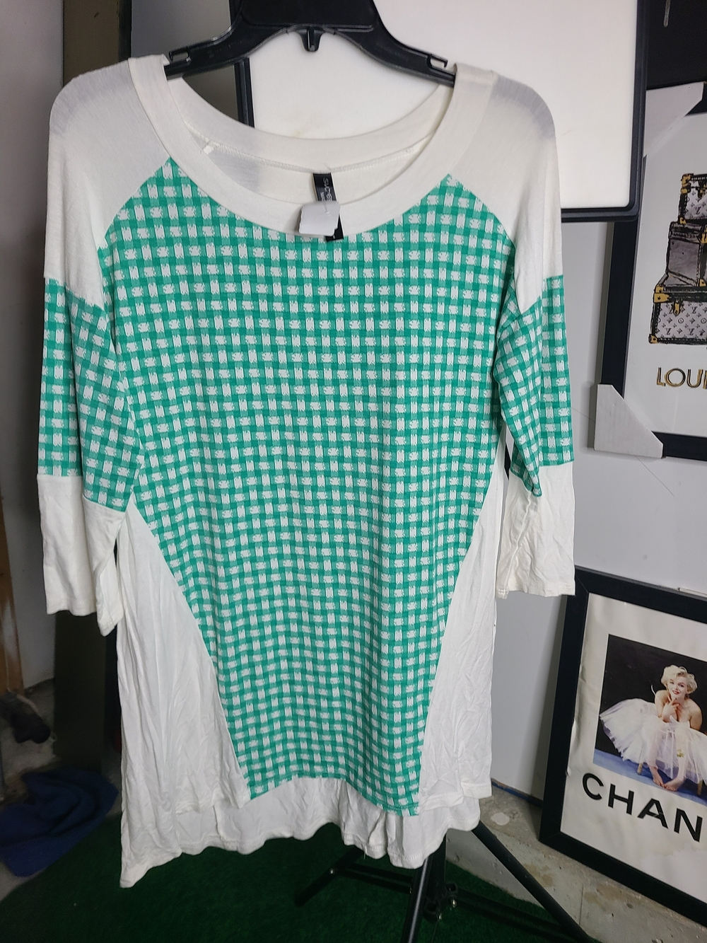Relaxed Green Check Raglan Tunic with White Trim